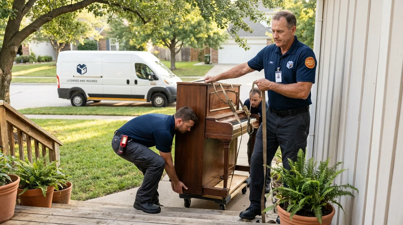 Licensed piano movers securing grand piano in Cottonwood Falls, KS