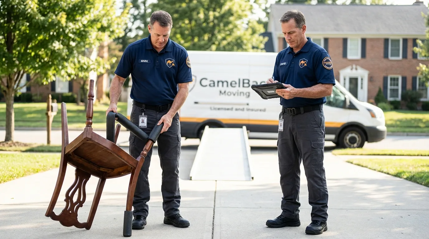 Movers inspecting furniture for damage prevention before loading in Cottonwood Falls, KS