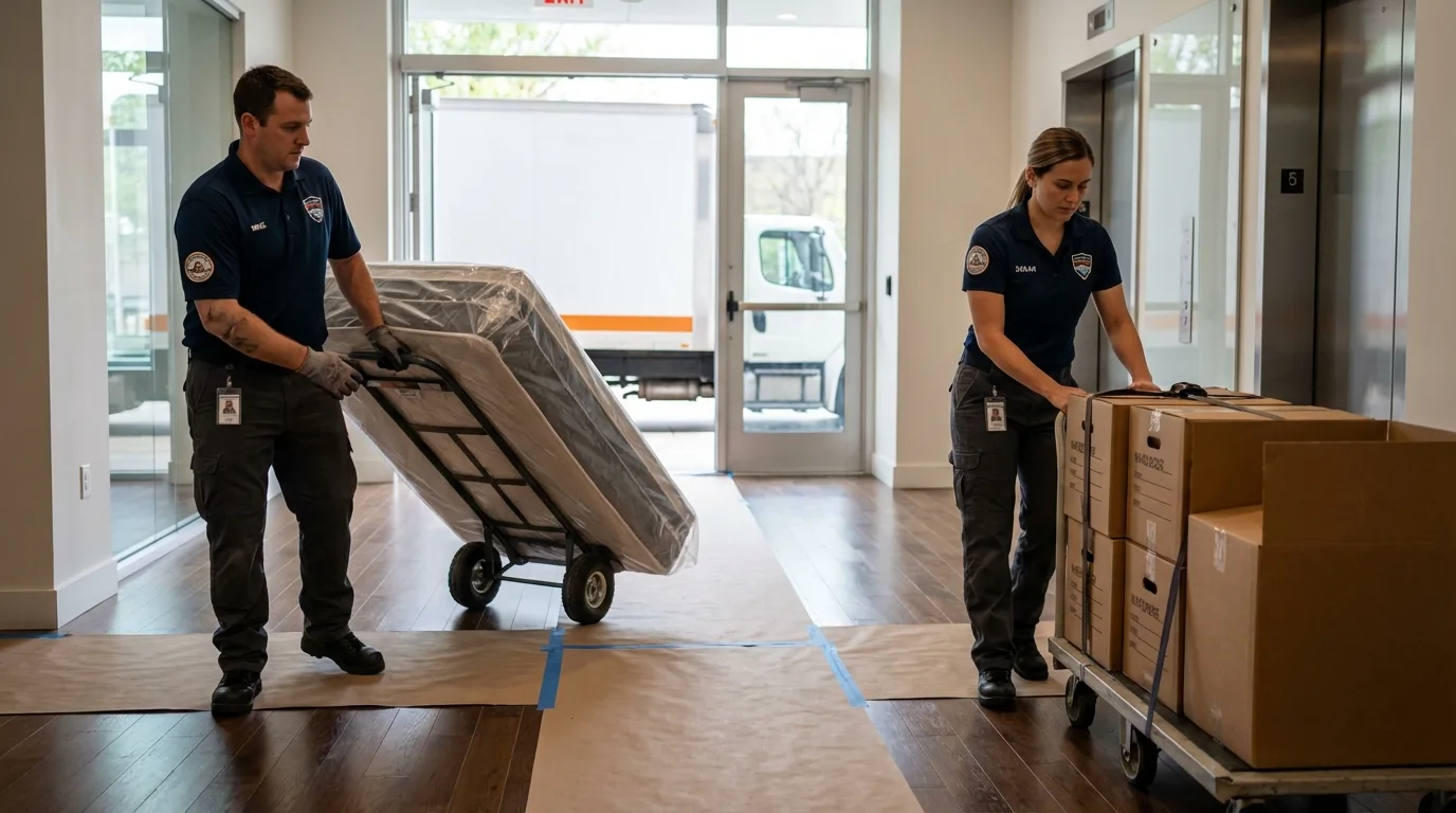 Professional apartment movers loading elevator in Cottonwood Falls, KS