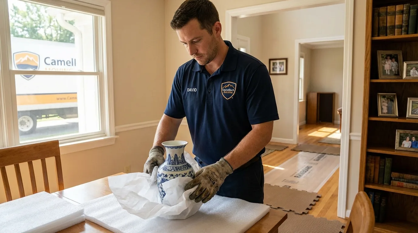 Professional crew carefully wrapping antique vase for senior downsizing move in Cottonwood Falls, KS